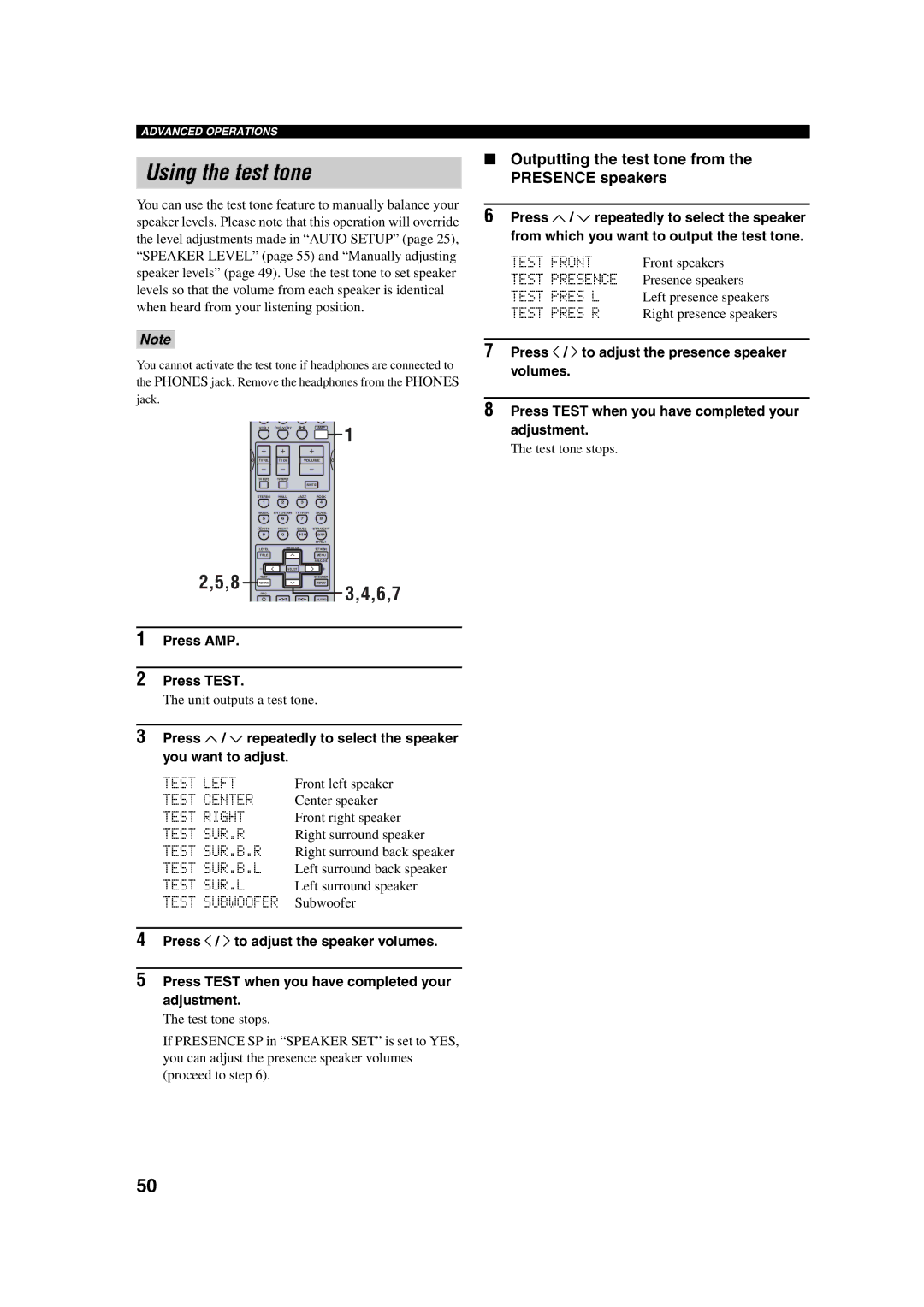 Yamaha HTR-5760 owner manual Using the test tone, Outputting the test tone from the Presence speakers, Press AMP Press Test 