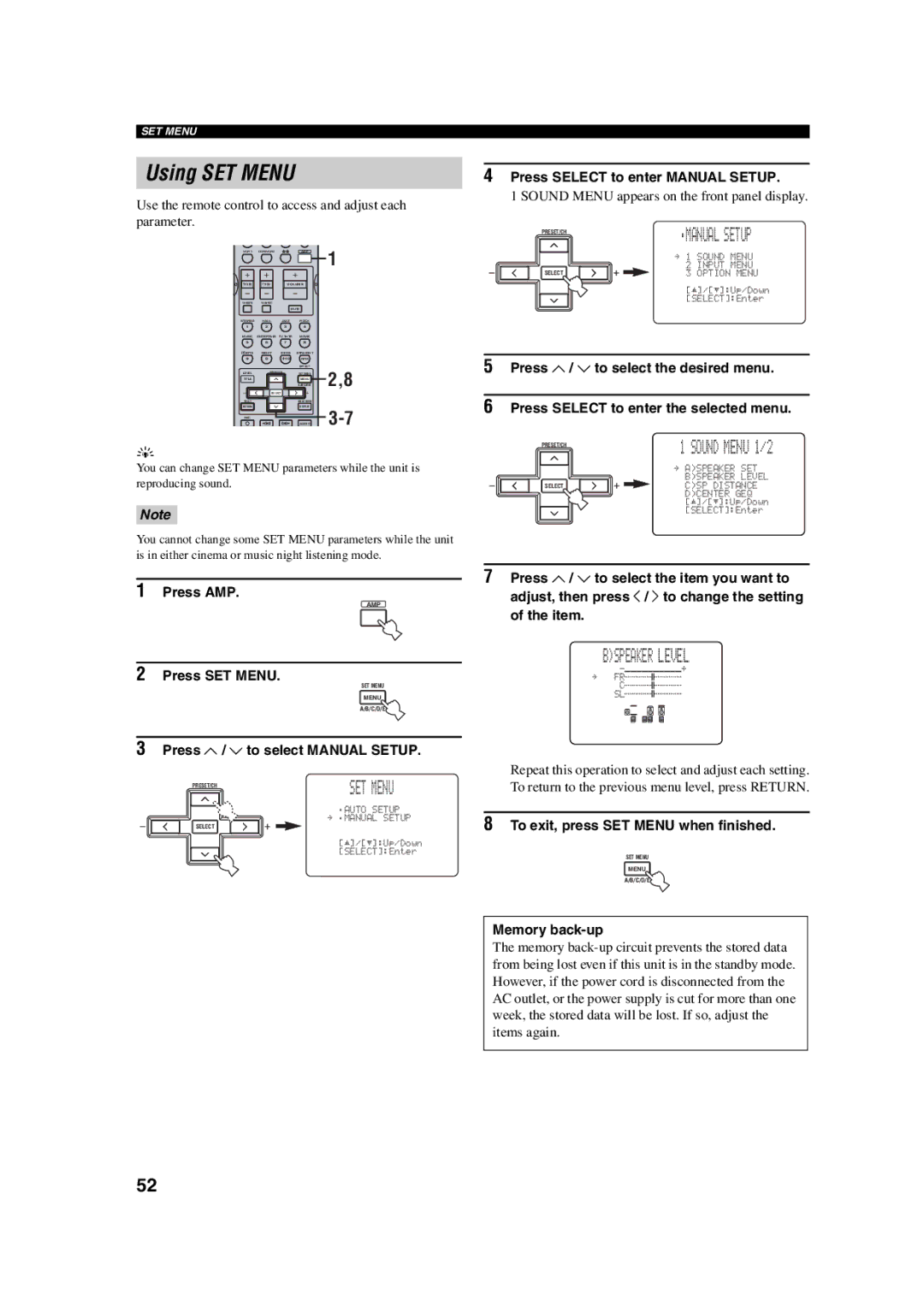 Yamaha HTR-5760 Using SET Menu, Bspeaker Level, Press u / d to select Manual Setup, Press Select to enter Manual Setup 