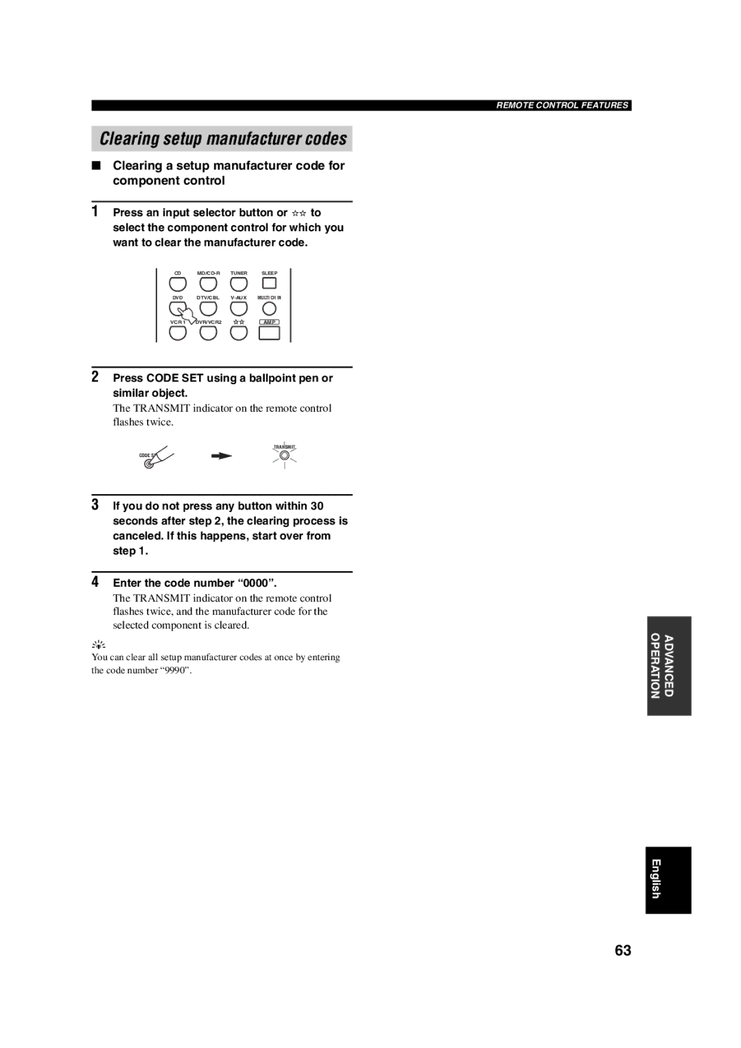 Yamaha HTR-5760 owner manual Clearing setup manufacturer codes, Clearing a setup manufacturer code for component control 