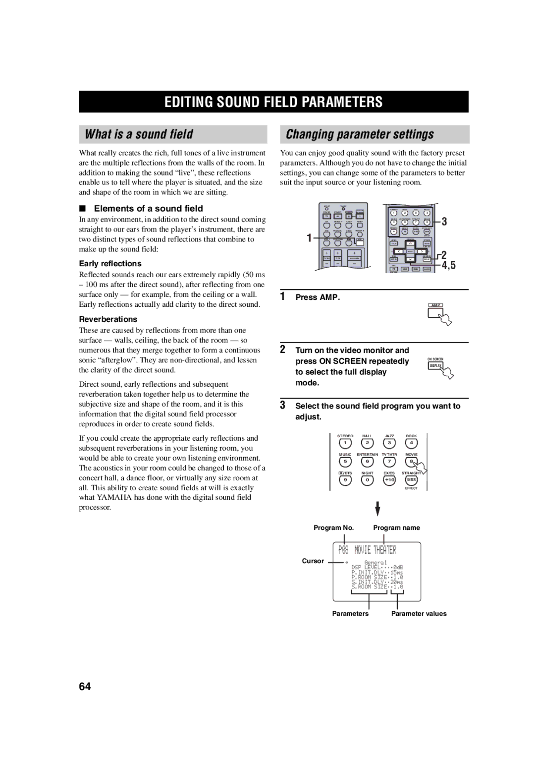 Yamaha HTR-5760 owner manual Editing Sound Field Parameters, What is a sound field Changing parameter settings 