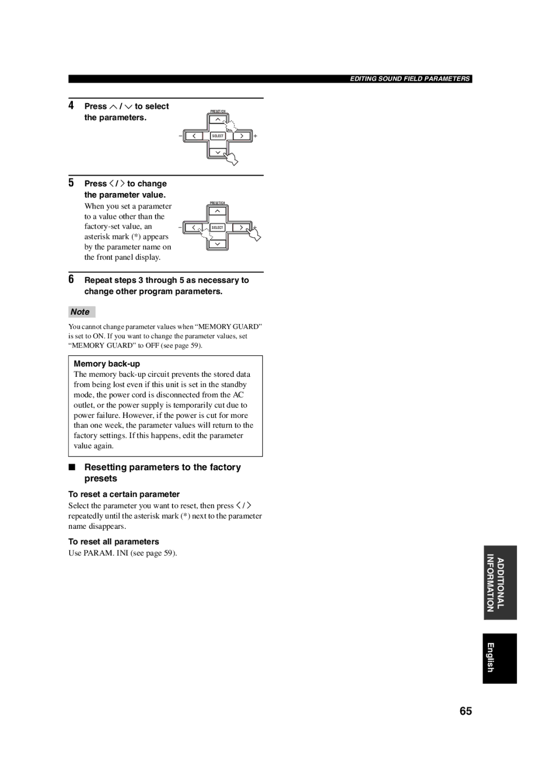 Yamaha HTR-5760 owner manual Resetting parameters to the factory presets 