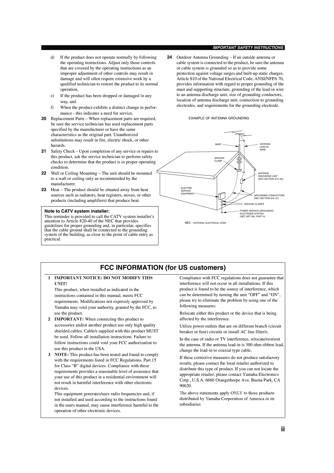 Yamaha HTR-5760 owner manual FCC INFORMATION for US customers, Note to CATV system installer 