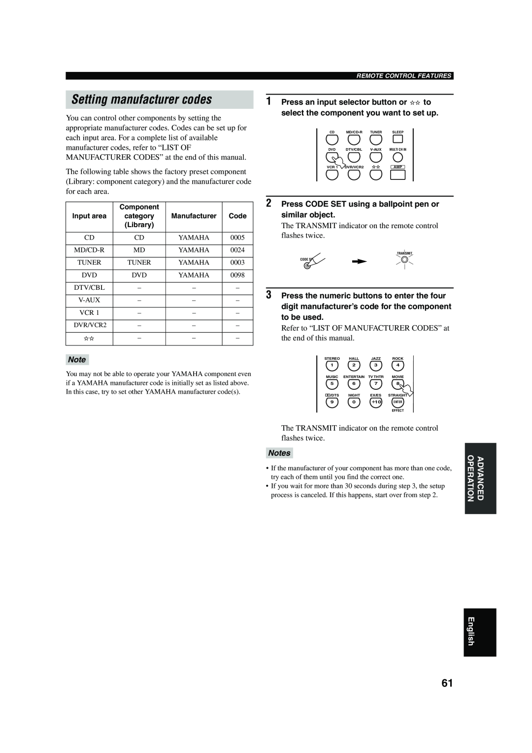 Yamaha HTR-5760 owner manual Setting manufacturer codes, Component, Code 