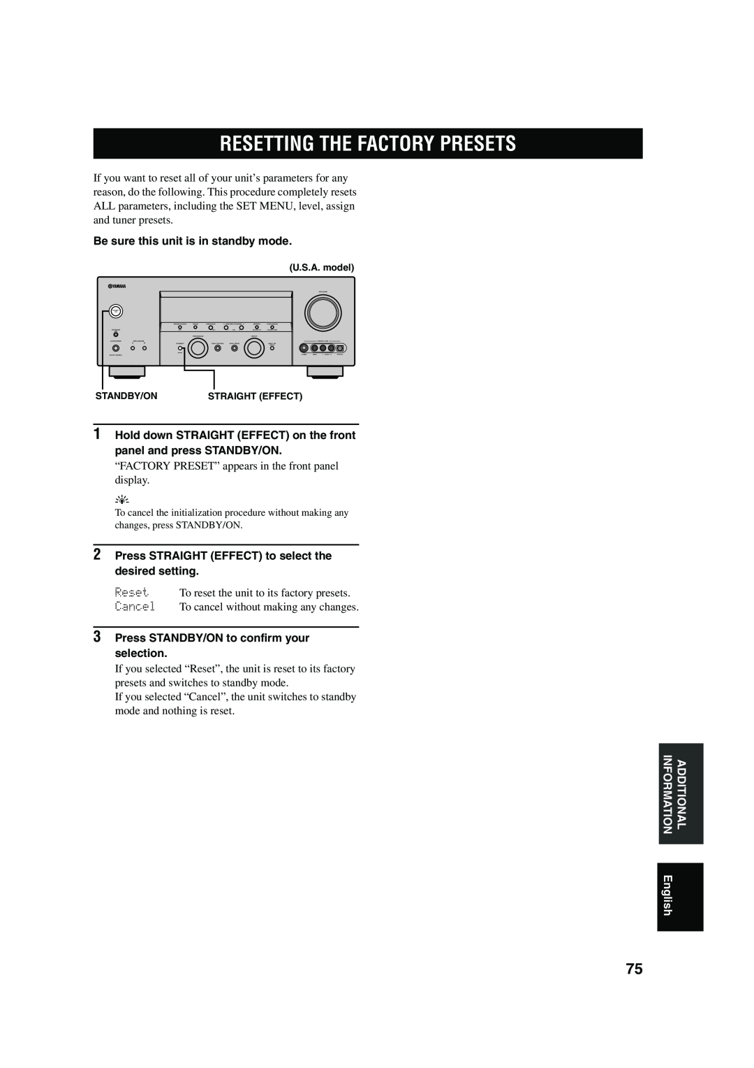Yamaha HTR-5760 owner manual Resetting The Factory Presets, Be sure this unit is in standby mode 