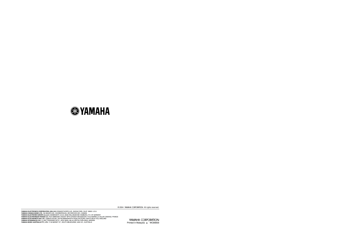 Yamaha HTR-5760 owner manual WC85600, 2004, All rights reserved 