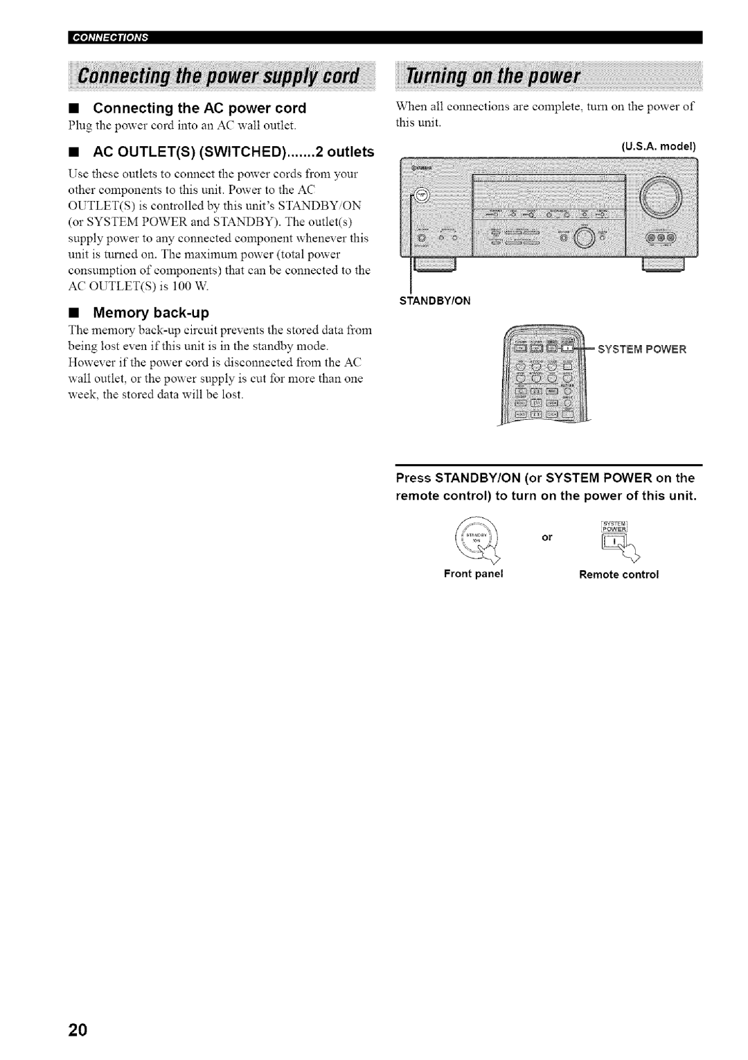 Yamaha HTR-5835 owner manual Connecting the AC power cord, Memory back-up, AC Outlets Switched ...... outlets 