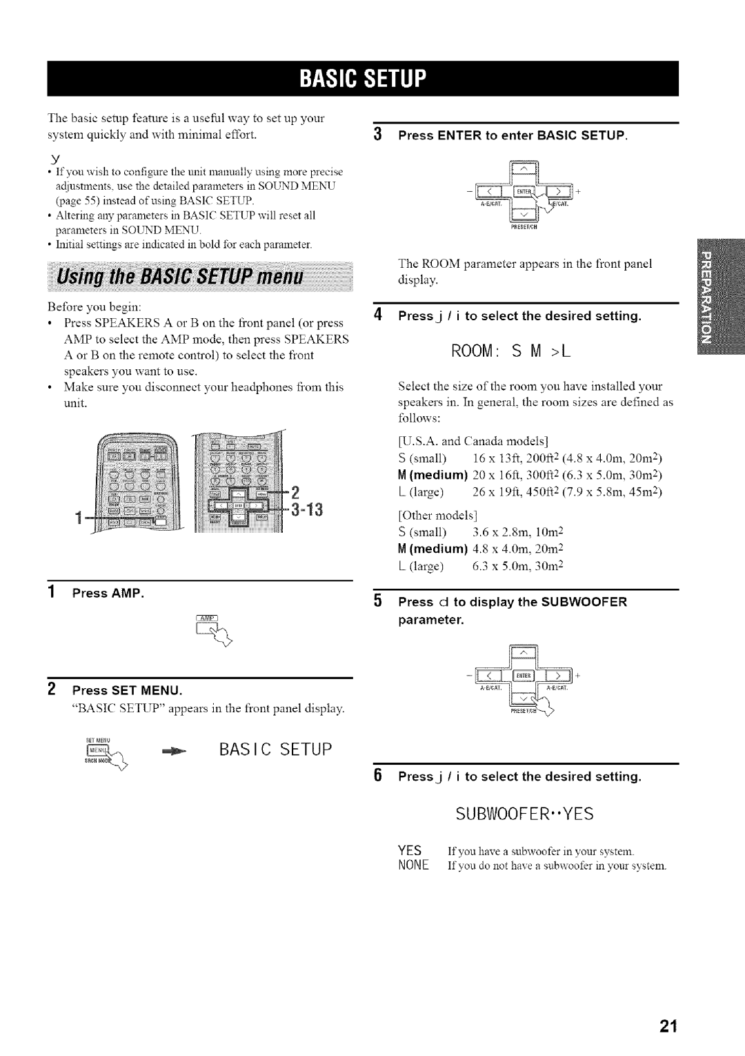 Yamaha HTR-5835 owner manual Room S M L, Subwooferyes, Press AMP, Press Enter to enter Basic Setup 