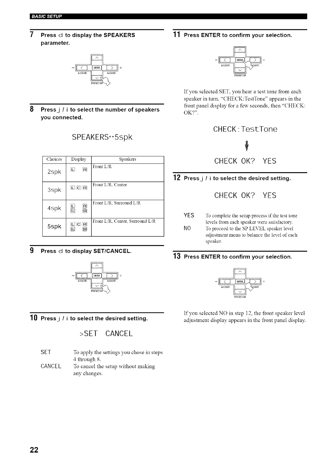 Yamaha HTR-5835 owner manual SET Cancel, Check OK? YES, TFtilq Press d to display the Speakers parameter 