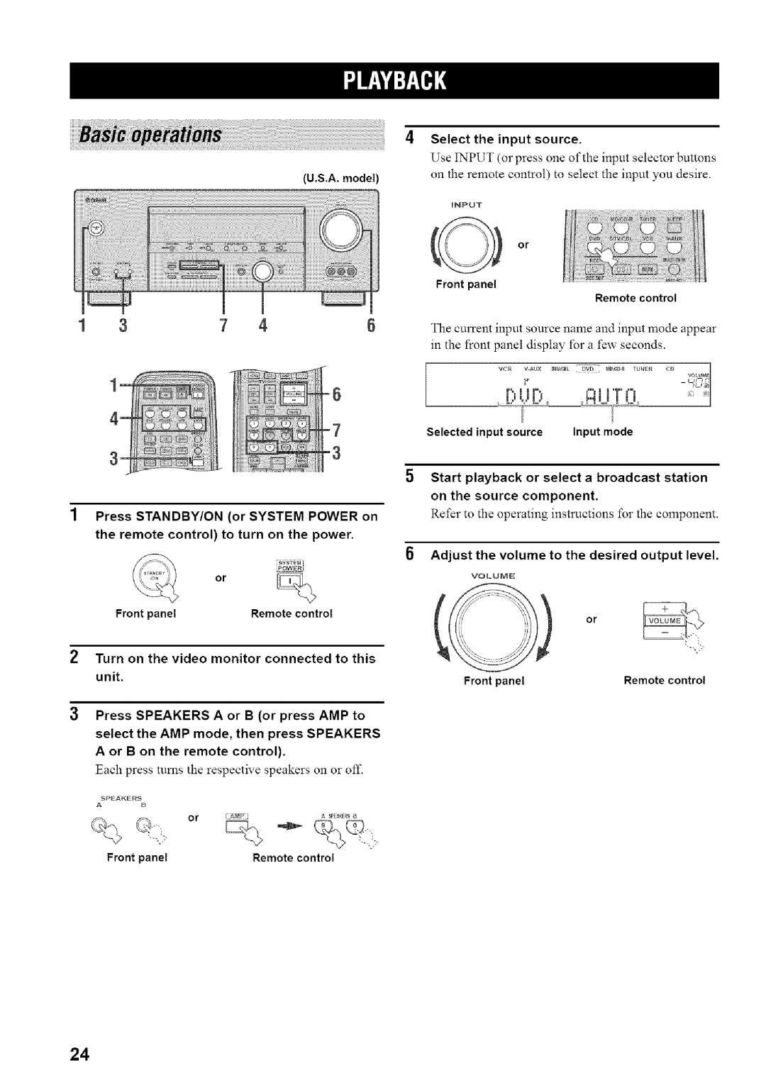 Yamaha HTR-5835 owner manual Adjust the volume to the desired output level, Front panel Remote control 