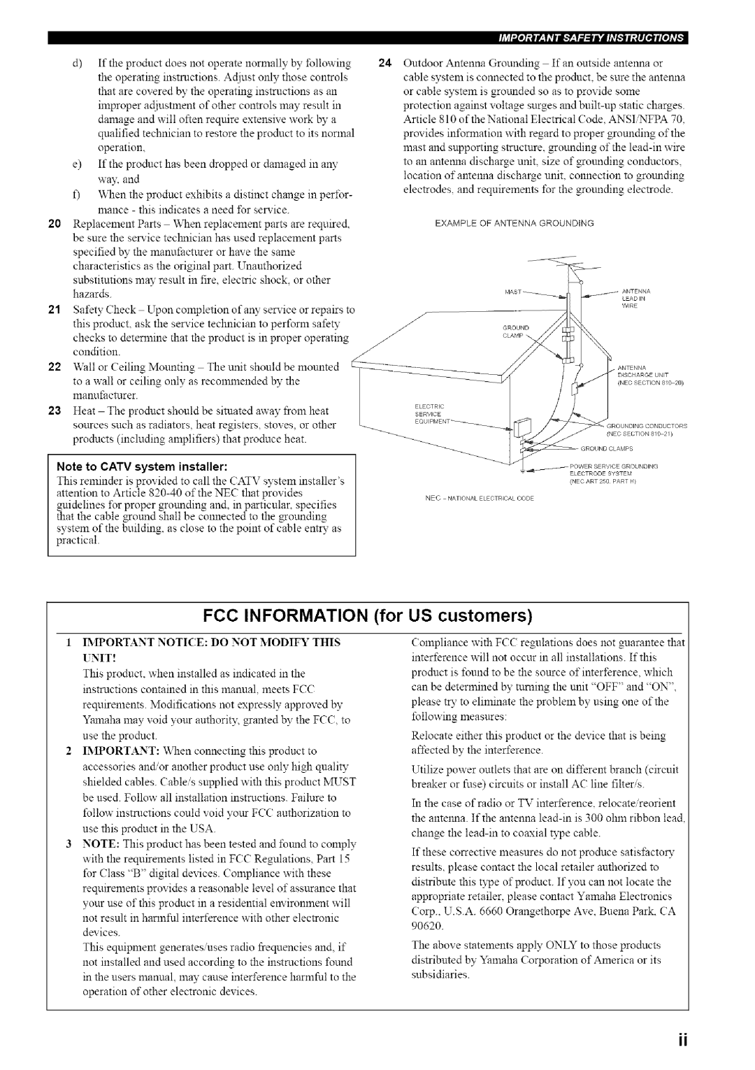 Yamaha HTR-5835 owner manual FCC Information for US customers 