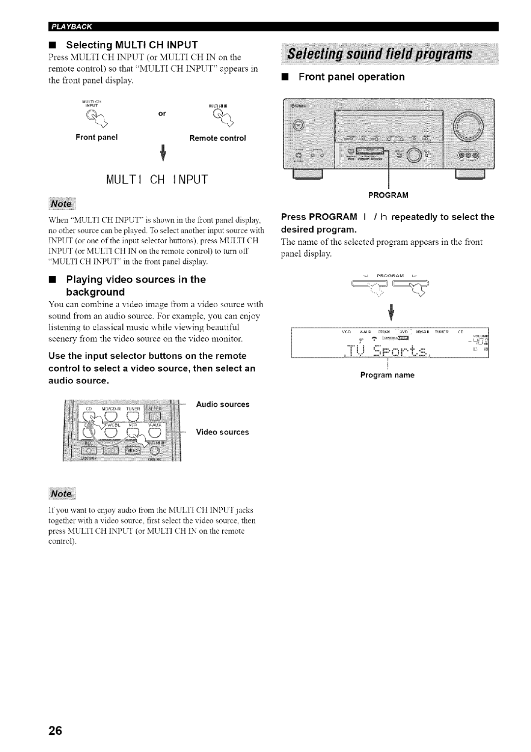 Yamaha HTR-5835 owner manual Multi CH Input, Front panel operation, Playing video sources in the background 