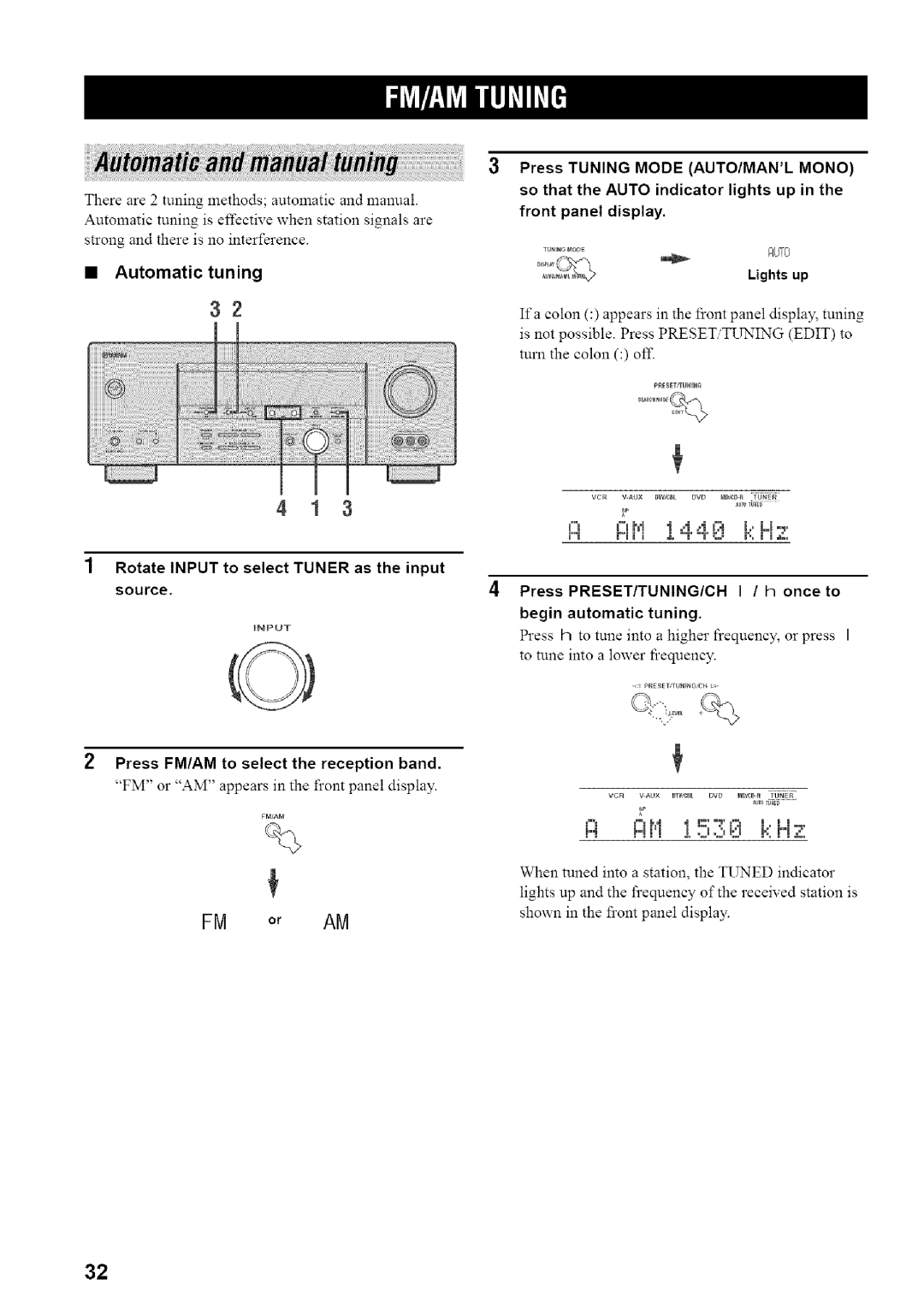 Yamaha HTR-5835 owner manual Automatic tuning, Rotate Input to select Tuner as the input 