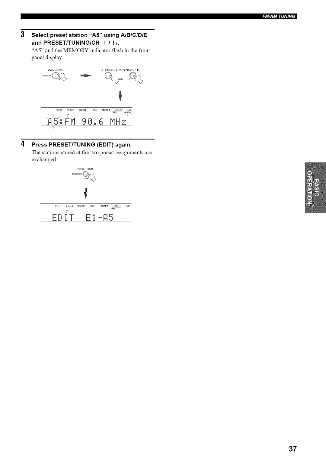 Yamaha HTR-5835 owner manual Press PRESET/TUNING Edit again, Stations stored at the two preset assignments are Exchanged 