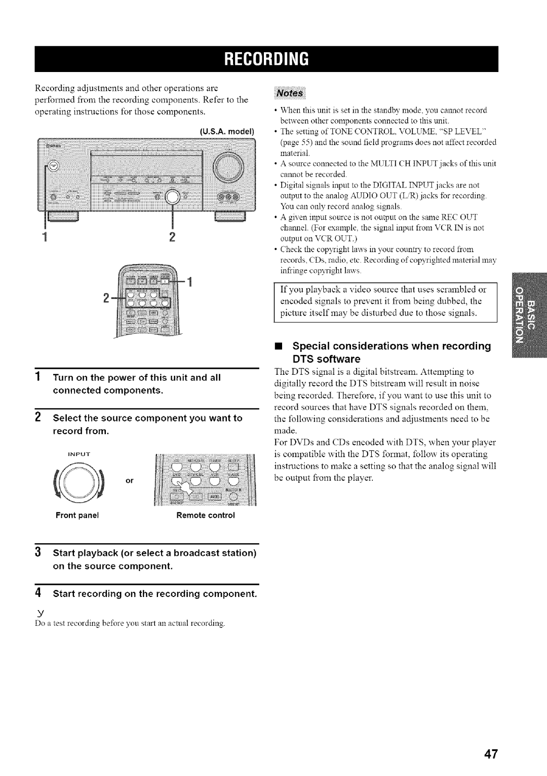 Yamaha HTR-5835 owner manual Special considerations when recording DTS software 