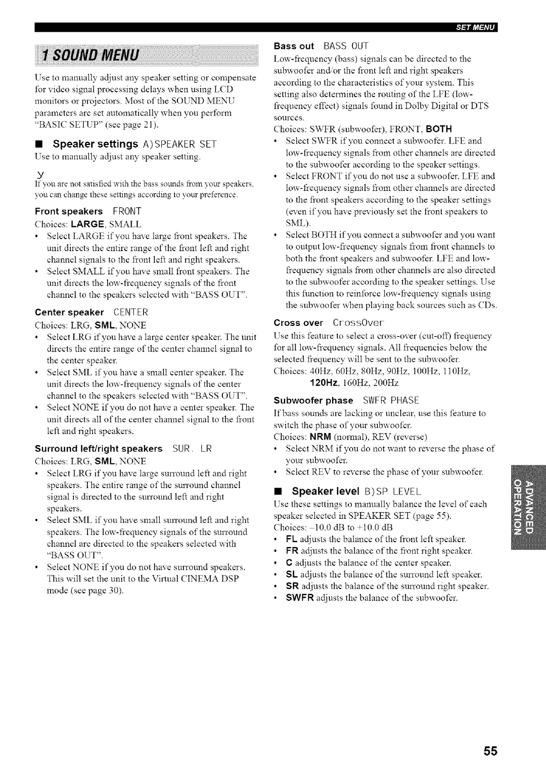 Yamaha HTR-5835 Speaker level BSP Level, Speaker settings Aspeaker SET, Bass out Bass OUT, Cross over CrossOver 