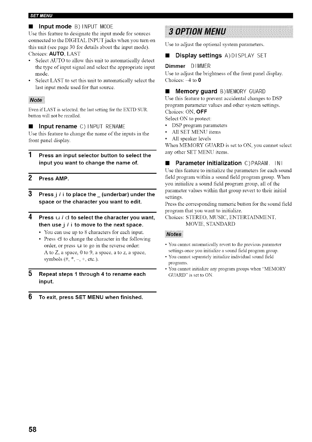 Yamaha HTR-5835 Display settings a Display SET, Memory guard Bmemoryguard, Input rename C Input Rename, =lFll=iir 