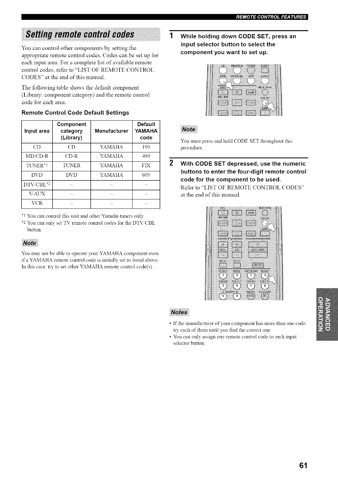 Yamaha HTR-5835 With Code SET depressed, use the numeric, Remote Control Code Default Settings, Input area, Manufacturer 