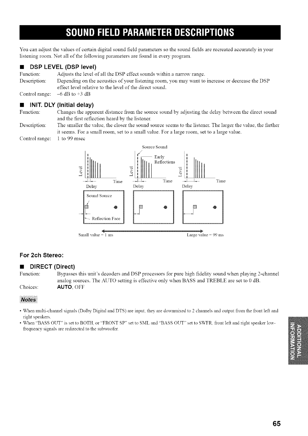 Yamaha HTR-5835 owner manual For 2ch Stereo, DSP Level DSP level, Direct Direct 