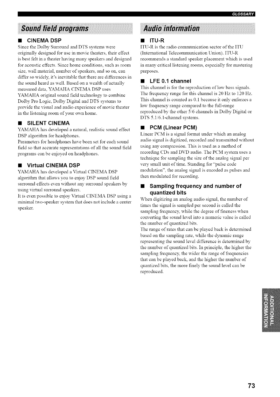 Yamaha HTR-5835 owner manual Quantized bits, Cinema DSP, LFE 0.1 channel, Sampling frequency and number 