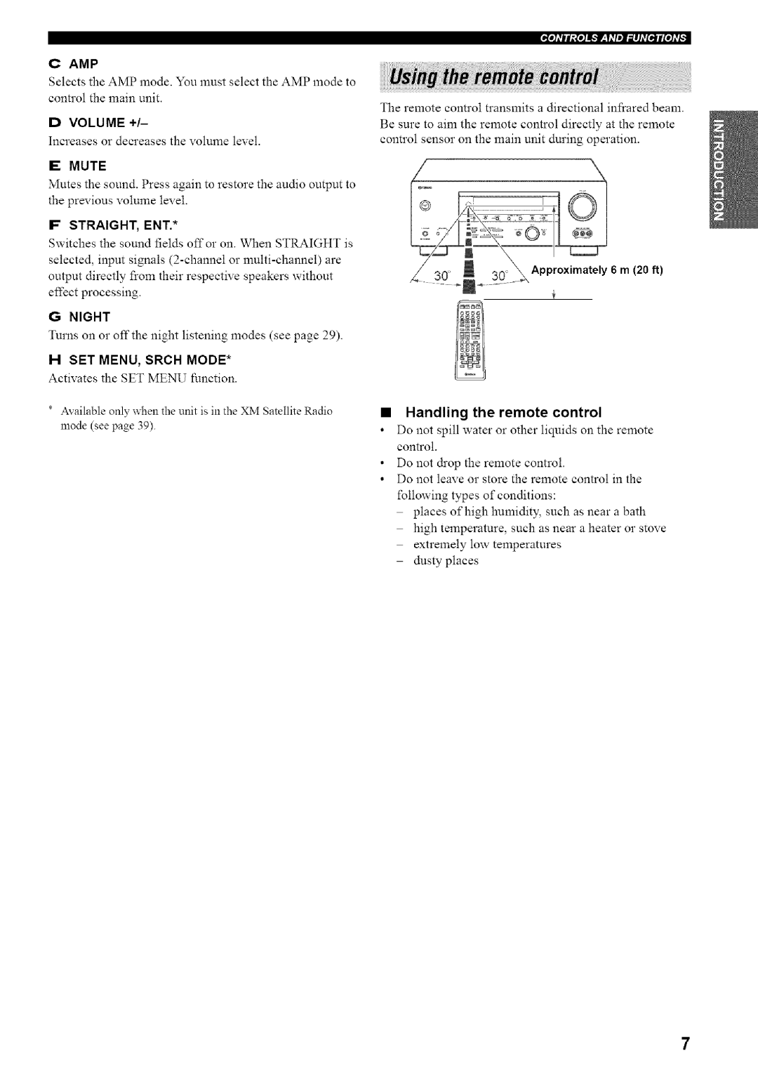 Yamaha HTR-5835 Handling the remote control, D Volume +, E Mute, If Straight, Ent, G Night, H Set Menu, Srch Mode 