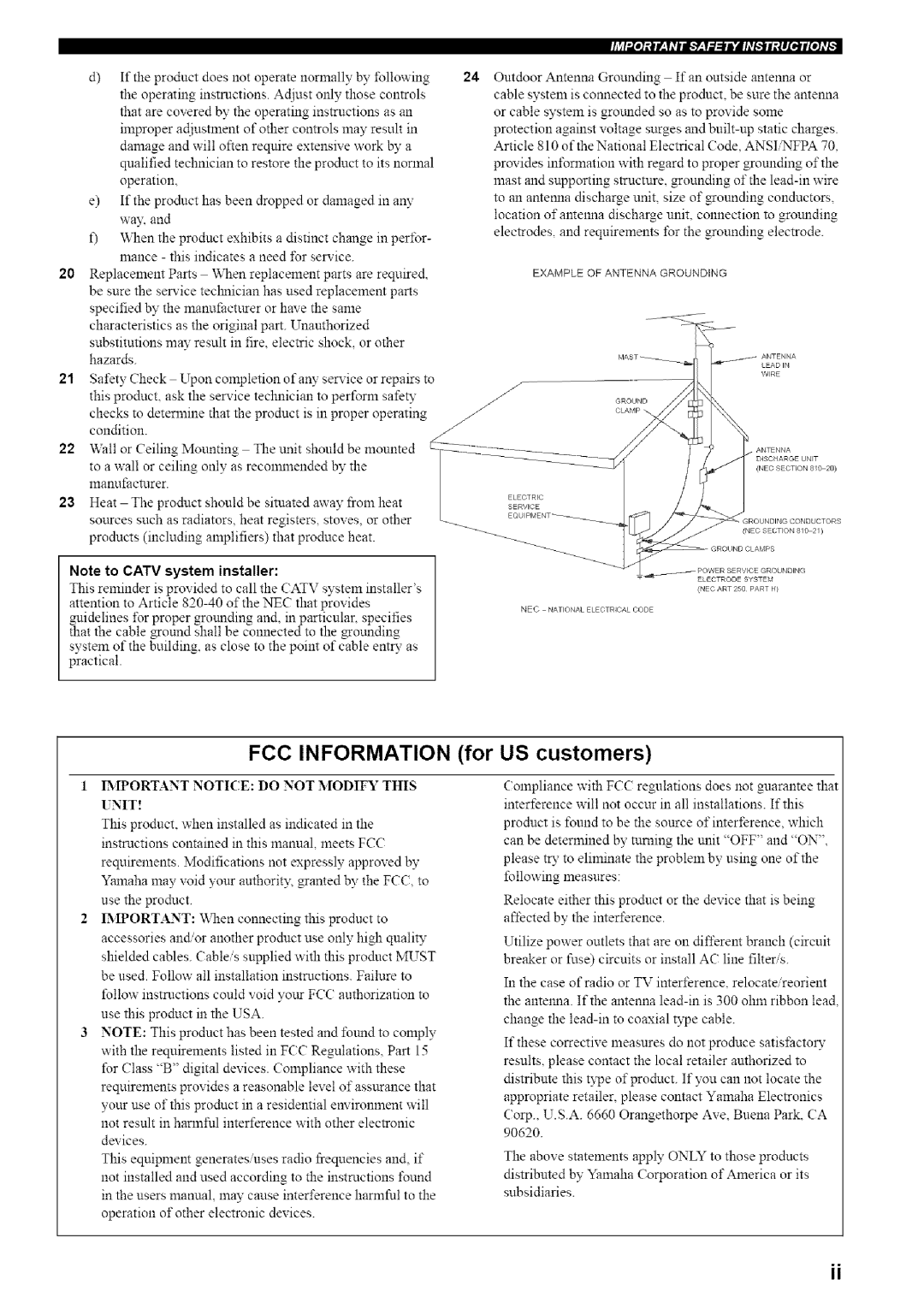 Yamaha HTR-5835 owner manual FCC INFORMATION for US customers, 21 22 23, Note to CATV system installer 