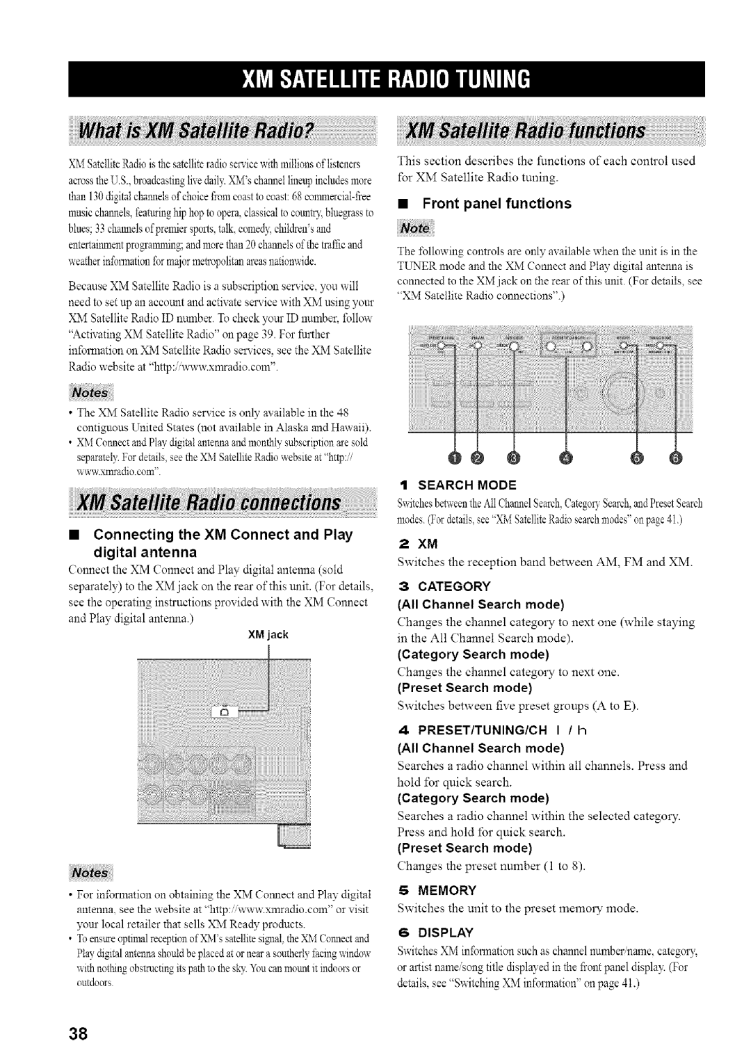 Yamaha HTR-5835 •Connecting the XM Connect and Play, digital antenna, •Front panel functions, Search Mode, Display 
