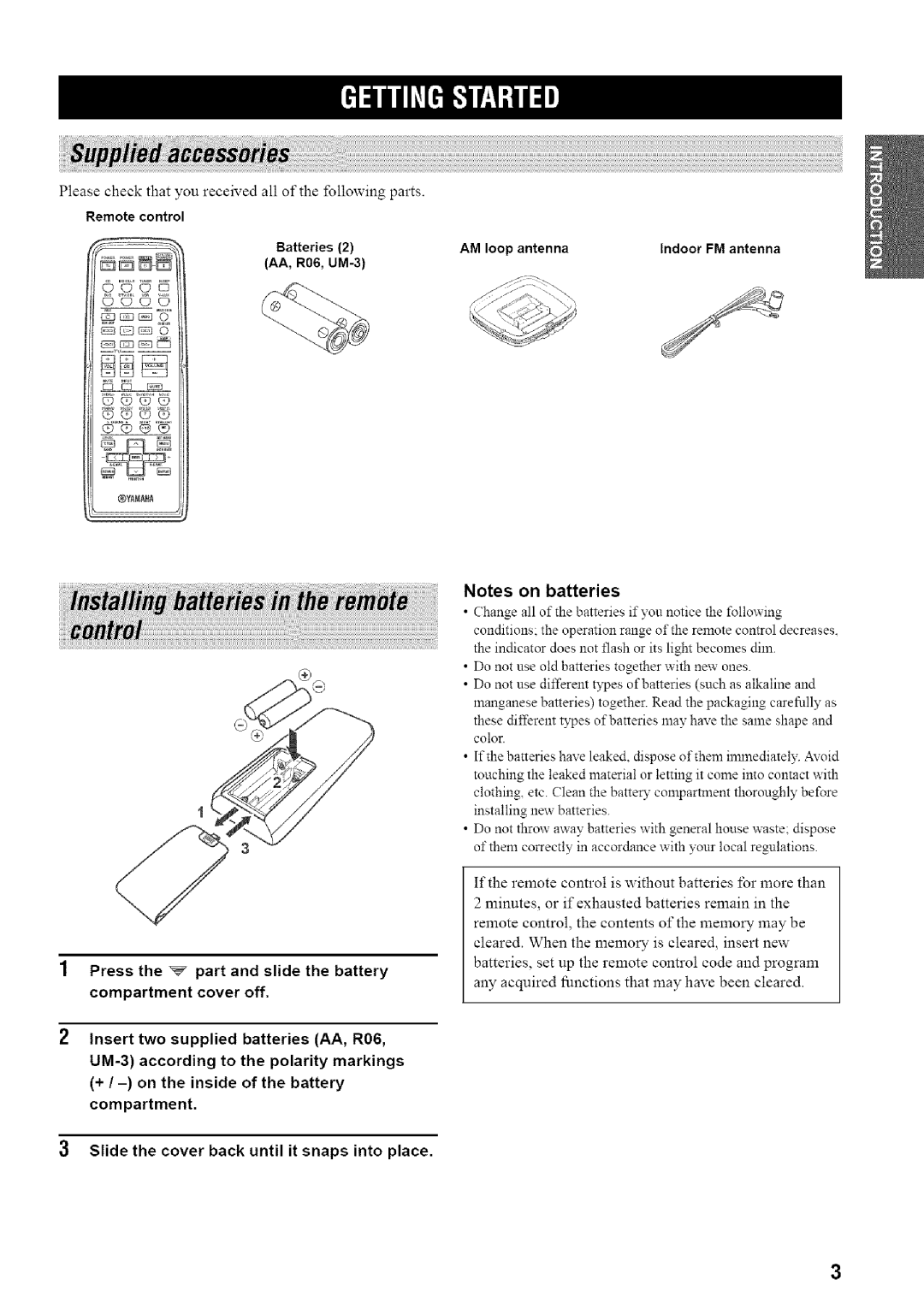 Yamaha HTR-5835 owner manual Pleasecheckthatyoureceivedallofthefollowingparts, Notes on batteries, compartment cover off 