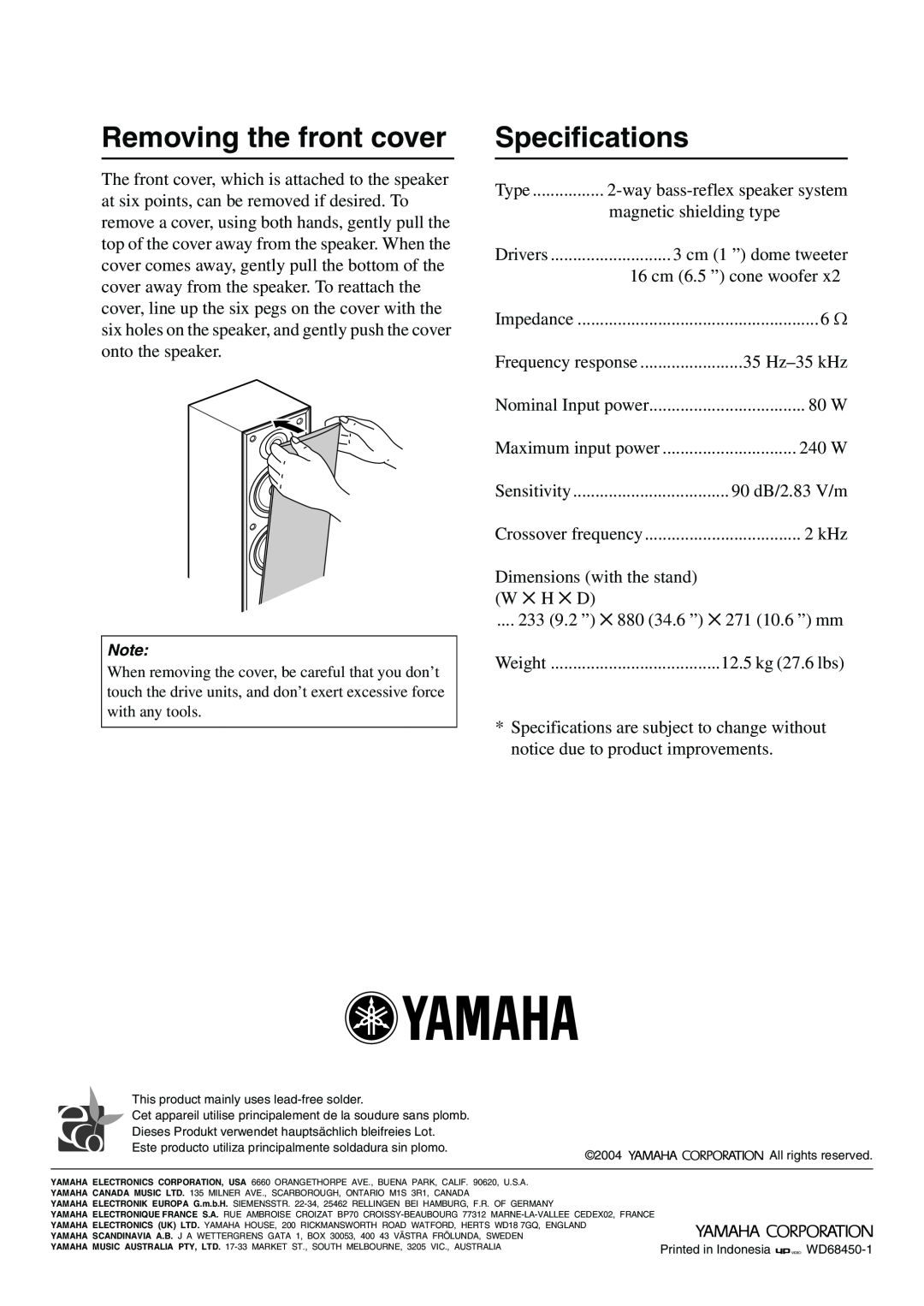 Yamaha HTR-5940 AV owner manual Removing the front cover, Specifications 