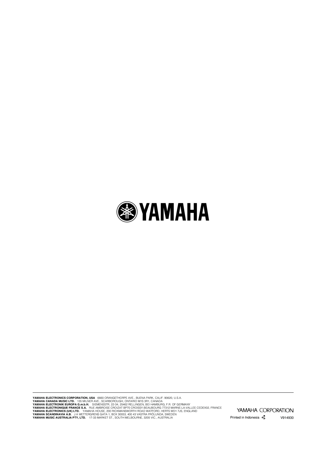 Yamaha HTR-5940 AV owner manual Printed in Indonesia, V914930 
