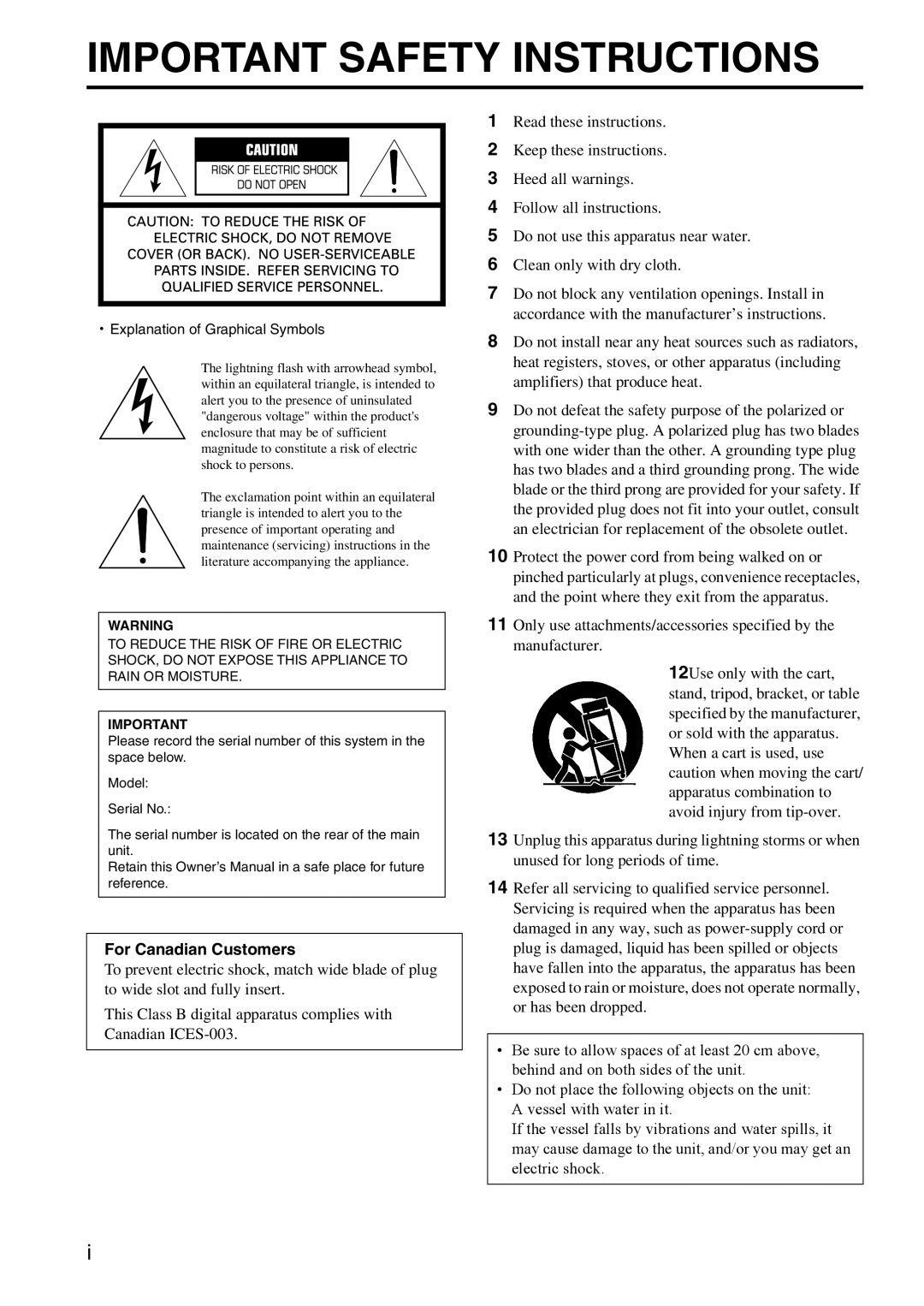 Yamaha HTR-5940 AV owner manual Important Safety Instructions, For Canadian Customers 