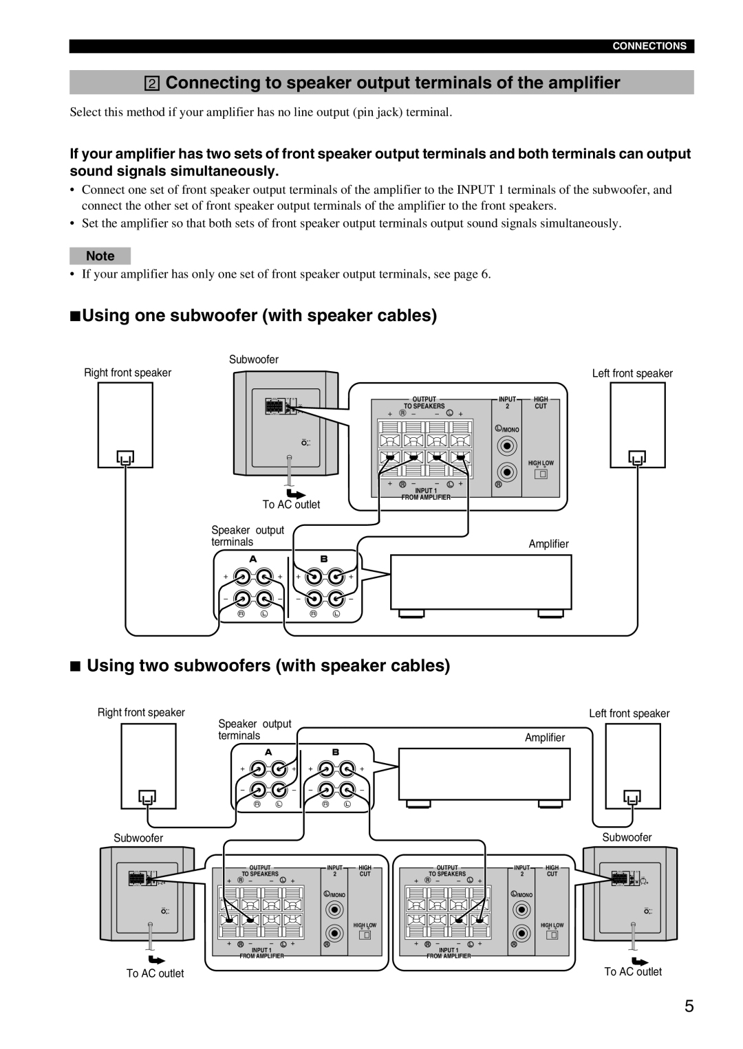 Yamaha HTR-5940 AV owner manual Using one subwoofer with speaker cables, Using two subwoofers with speaker cables 