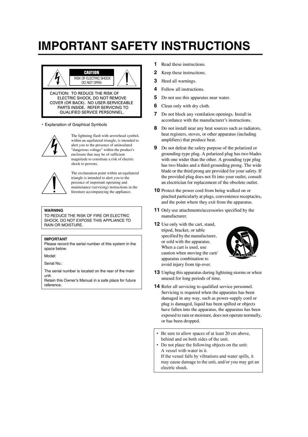 Yamaha HTR-5940 AV owner manual Important Safety Instructions 
