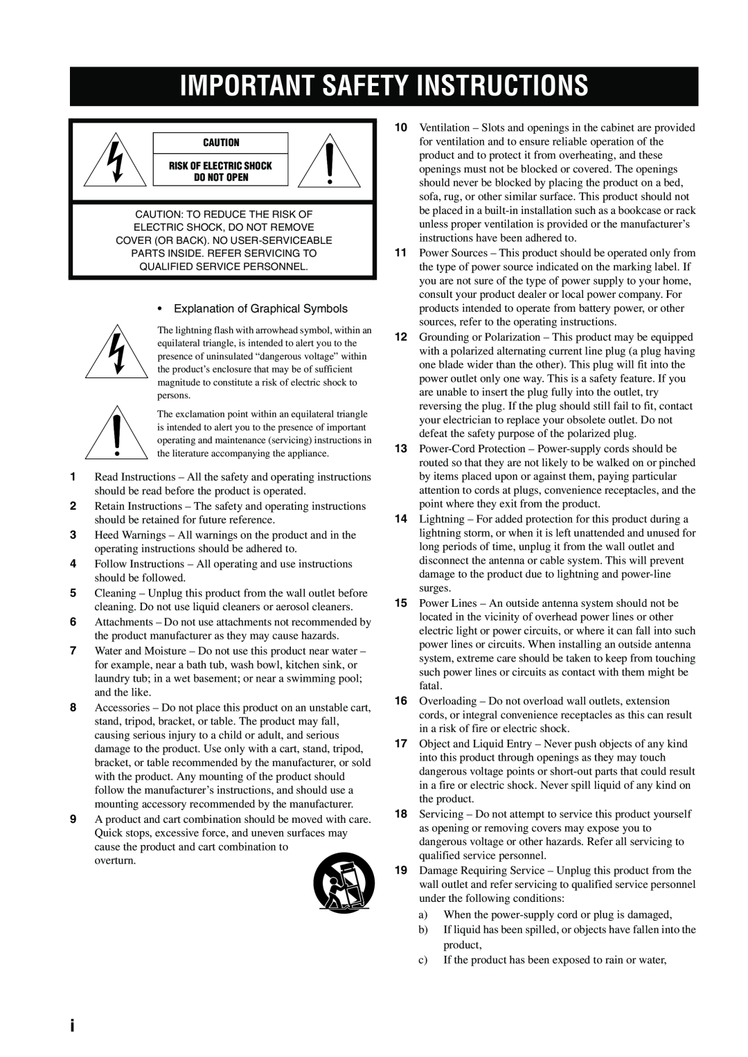 Yamaha HTR-5940 AV owner manual Important Safety Instructions, •Explanation of Graphical Symbols 