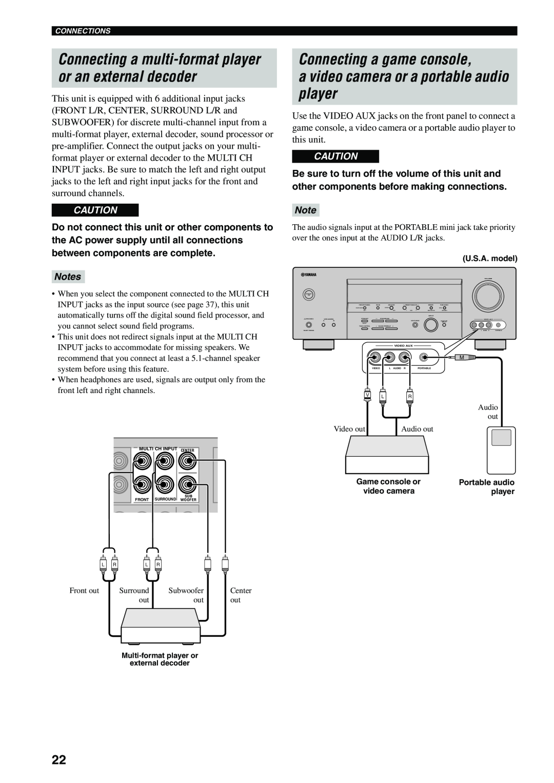 Yamaha HTR-5940 AV owner manual Connecting a game console, a video camera or a portable audio player, Notes 