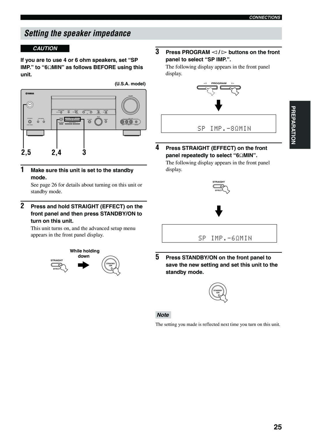 Yamaha HTR-5940 AV owner manual Setting the speaker impedance, 2,5 2,4, SP IMP.-8MIN, SP IMP.-6MIN 