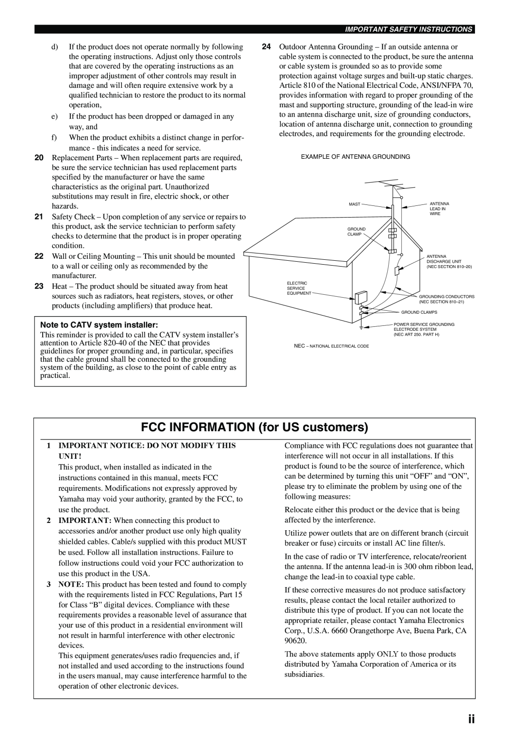 Yamaha HTR-5940 AV owner manual FCC INFORMATION for US customers, Note to CATV system installer 