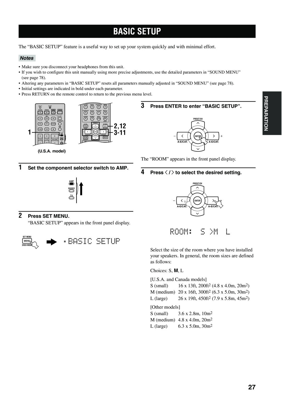 Yamaha HTR-5940 AV owner manual Basic Setup, Room S M L, Notes, Press ENTER to enter “BASIC SETUP”, 2Press SET MENU 