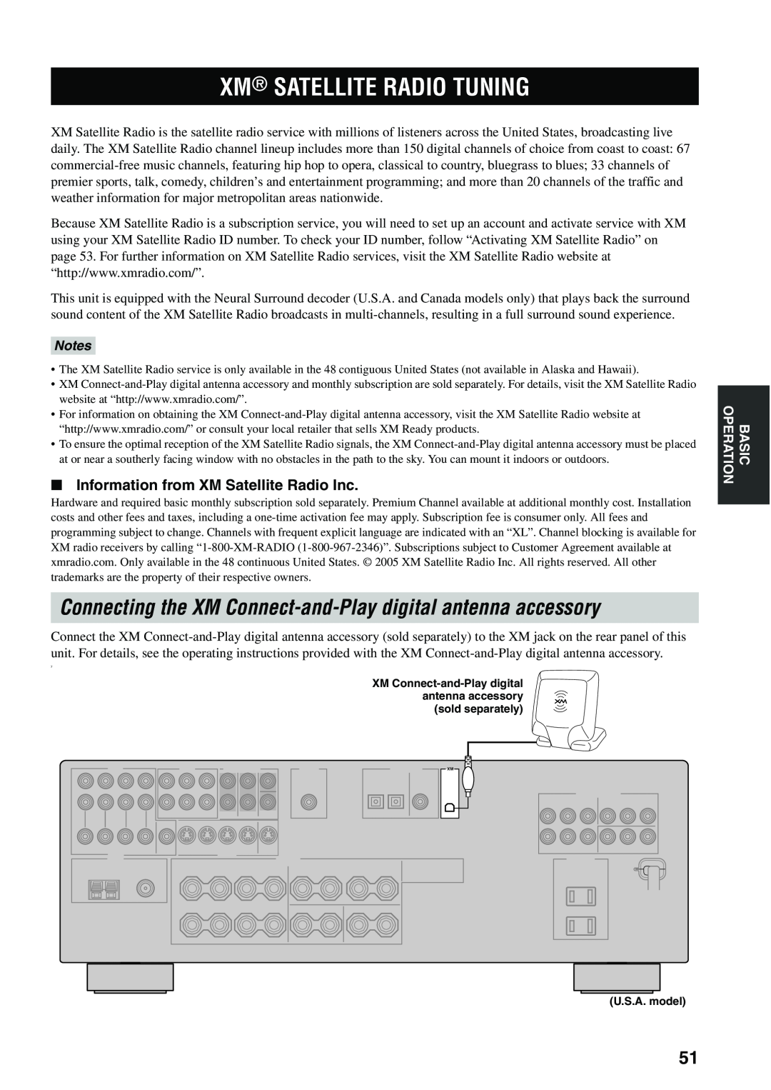 Yamaha HTR-5940 AV owner manual Xm Satellite Radio Tuning, Information from XM Satellite Radio Inc, Notes 