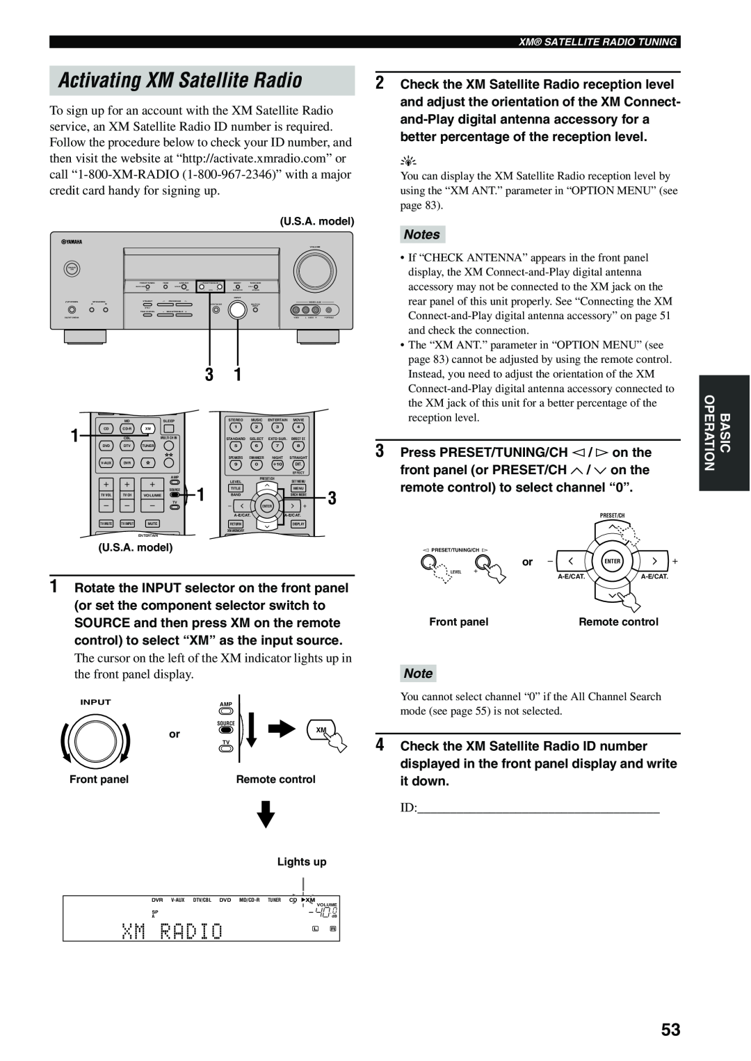Yamaha HTR-5940 AV owner manual Activating XM Satellite Radio, Xm Radio, Notes 