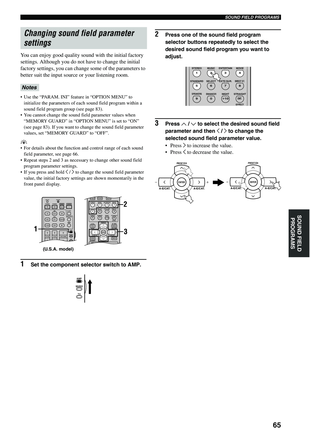 Yamaha HTR-5940 AV owner manual Changing sound field parameter settings, Notes, 1Set the component selector switch to AMP 