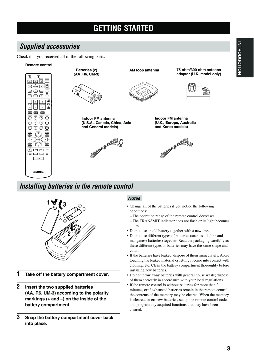 Yamaha HTR-5940 AV owner manual Getting Started, Supplied accessories, Installing batteries in the remote control, Notes 
