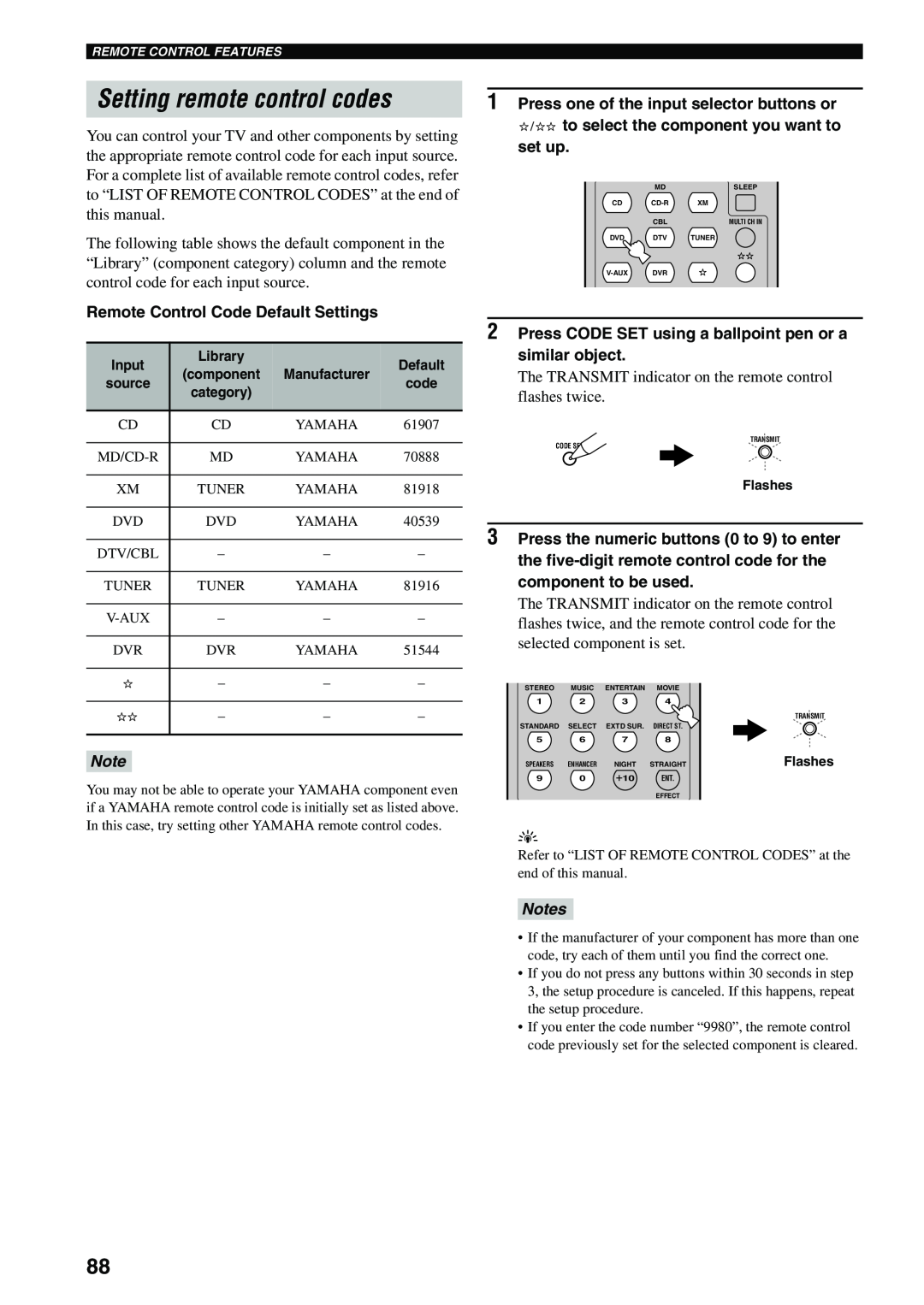 Yamaha HTR-5940 AV owner manual Setting remote control codes, Remote Control Code Default Settings, Notes 