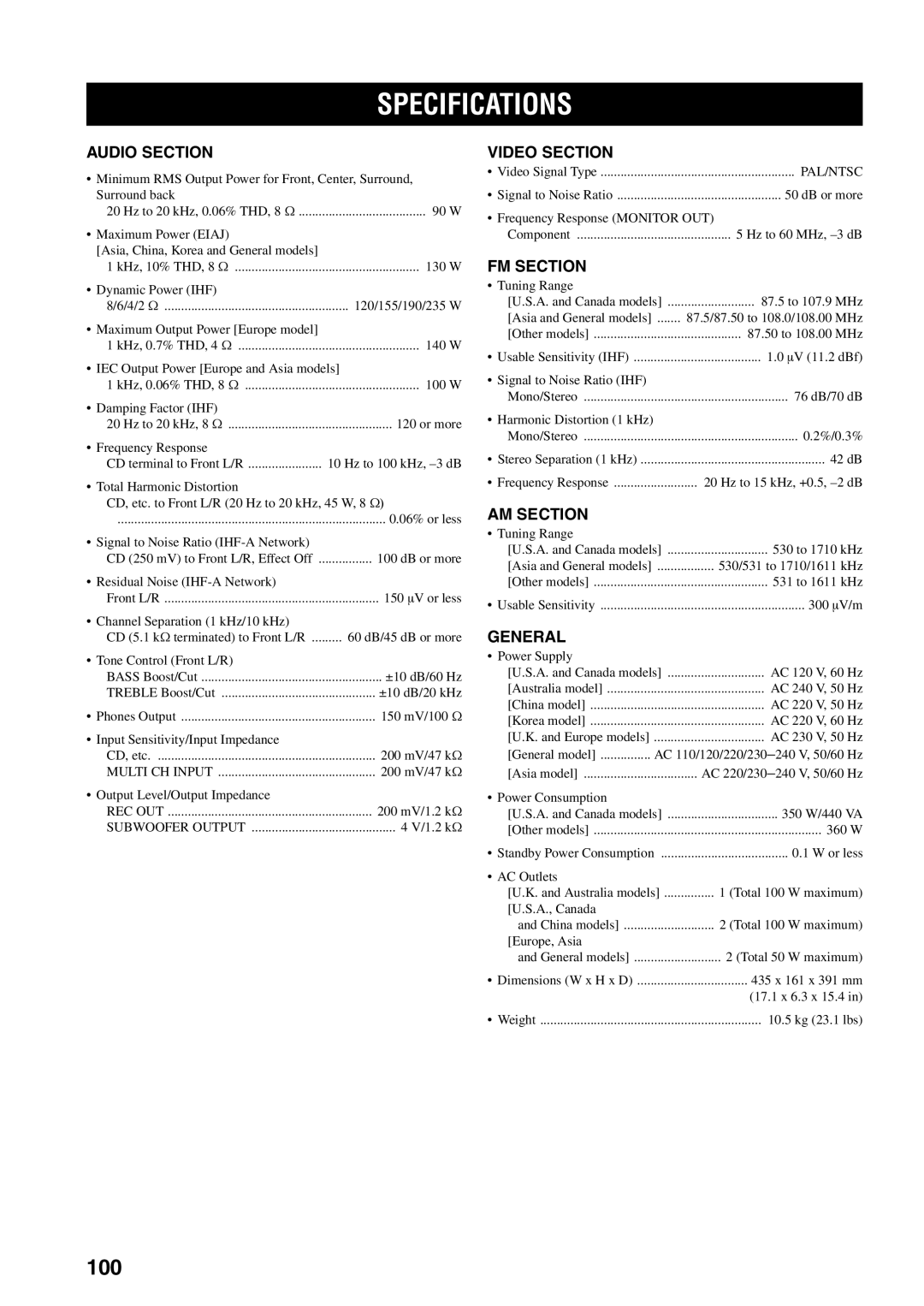 Yamaha HTR-5940 owner manual Specifications, 100 