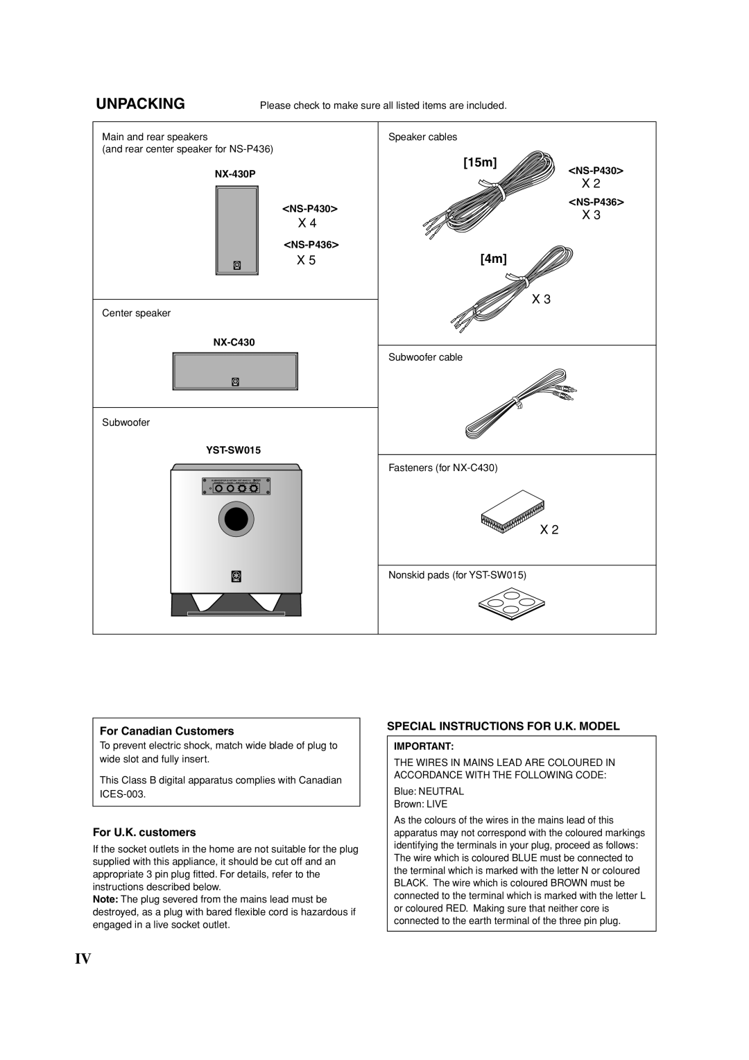 Yamaha HTR-5940 owner manual 15m, For Canadian Customers, For U.K. customers, Special Instructions for U.K. Model 