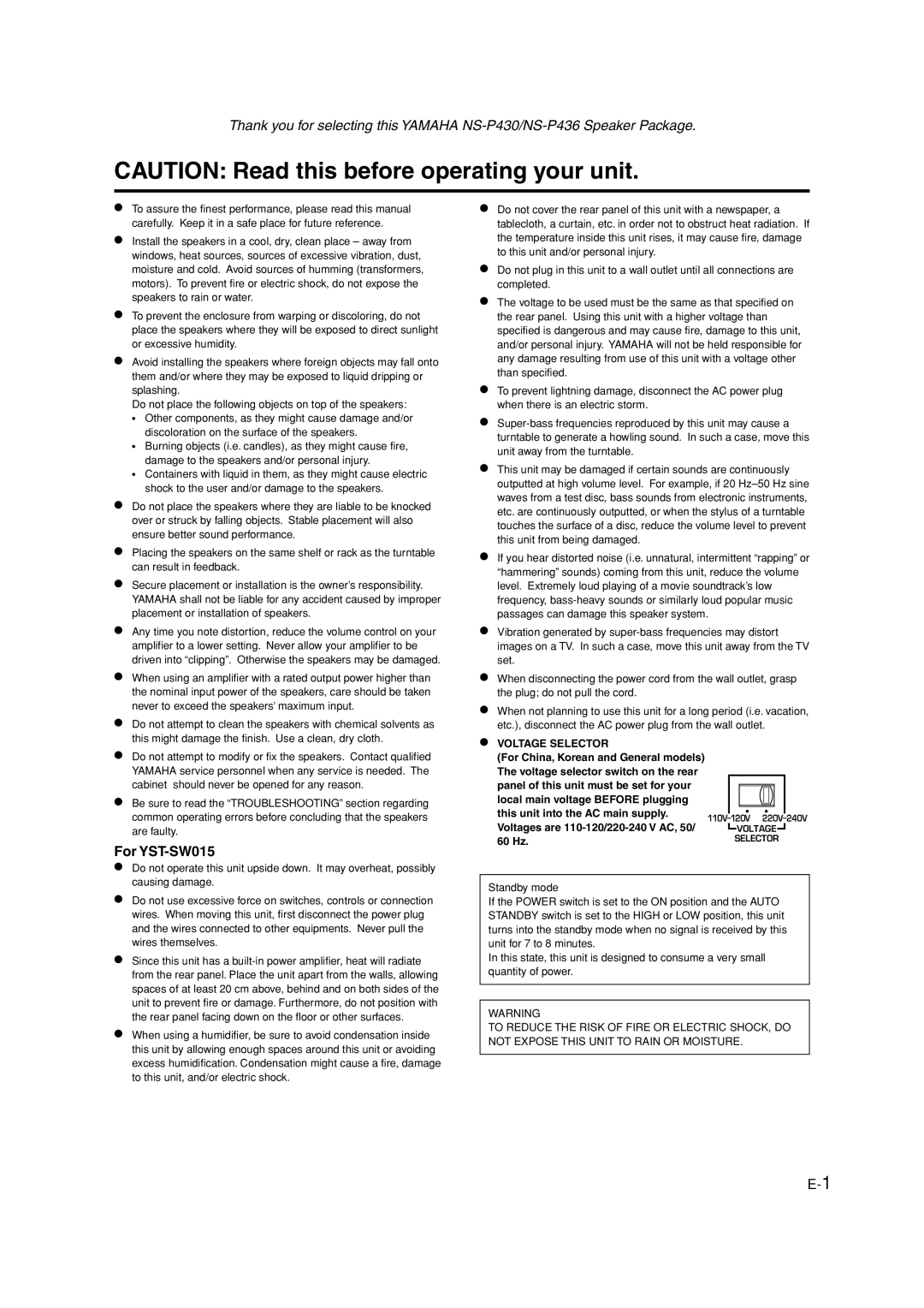 Yamaha HTR-5940 owner manual For YST-SW015, Voltage Selector 