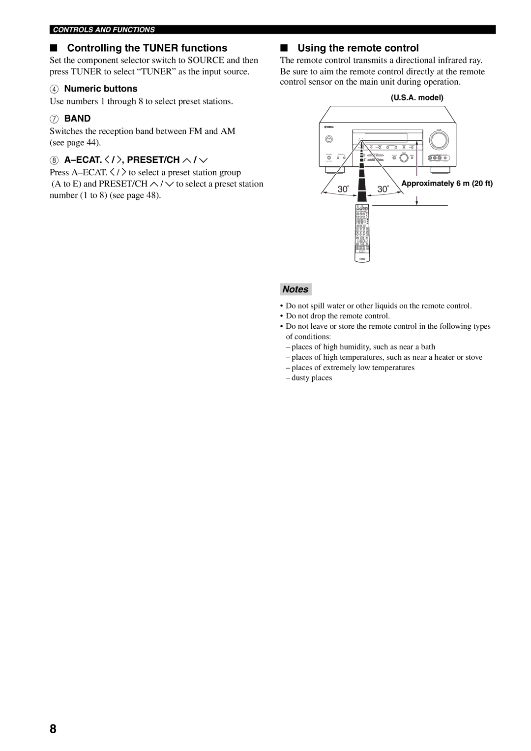 Yamaha HTR-5940 owner manual Controlling the Tuner functions, Using the remote control, Numeric buttons, Band 