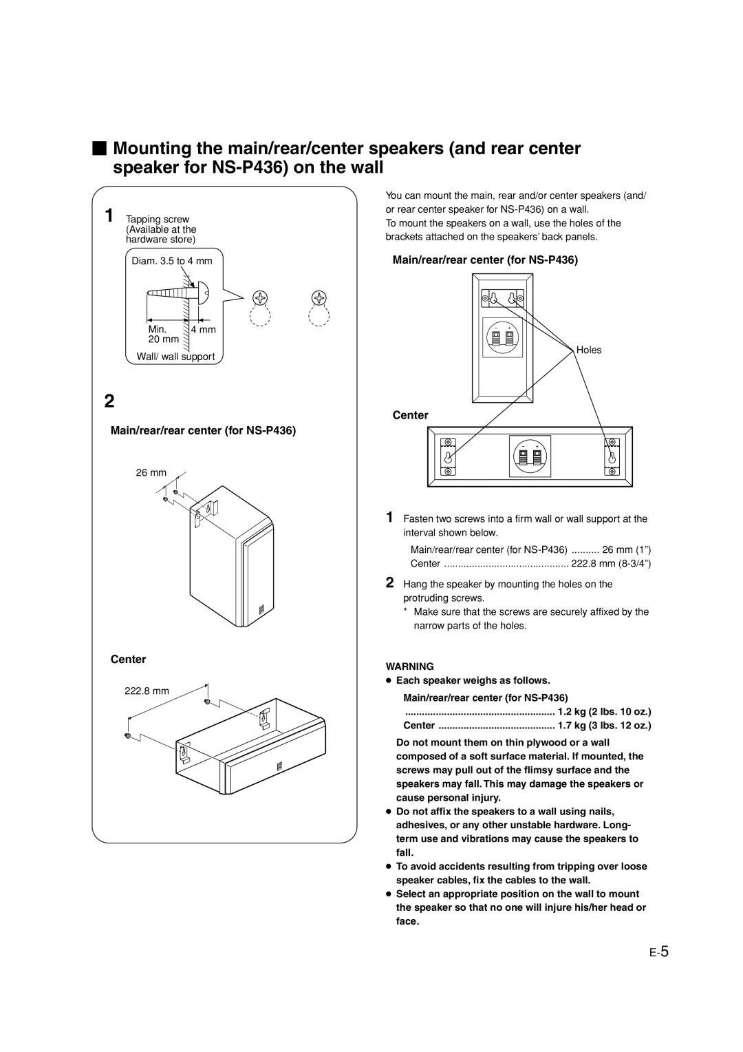 Yamaha HTR-5940 owner manual Main/rear/rear center for NS-P436, Kg 2 lbs oz, Center Kg 3 lbs oz 