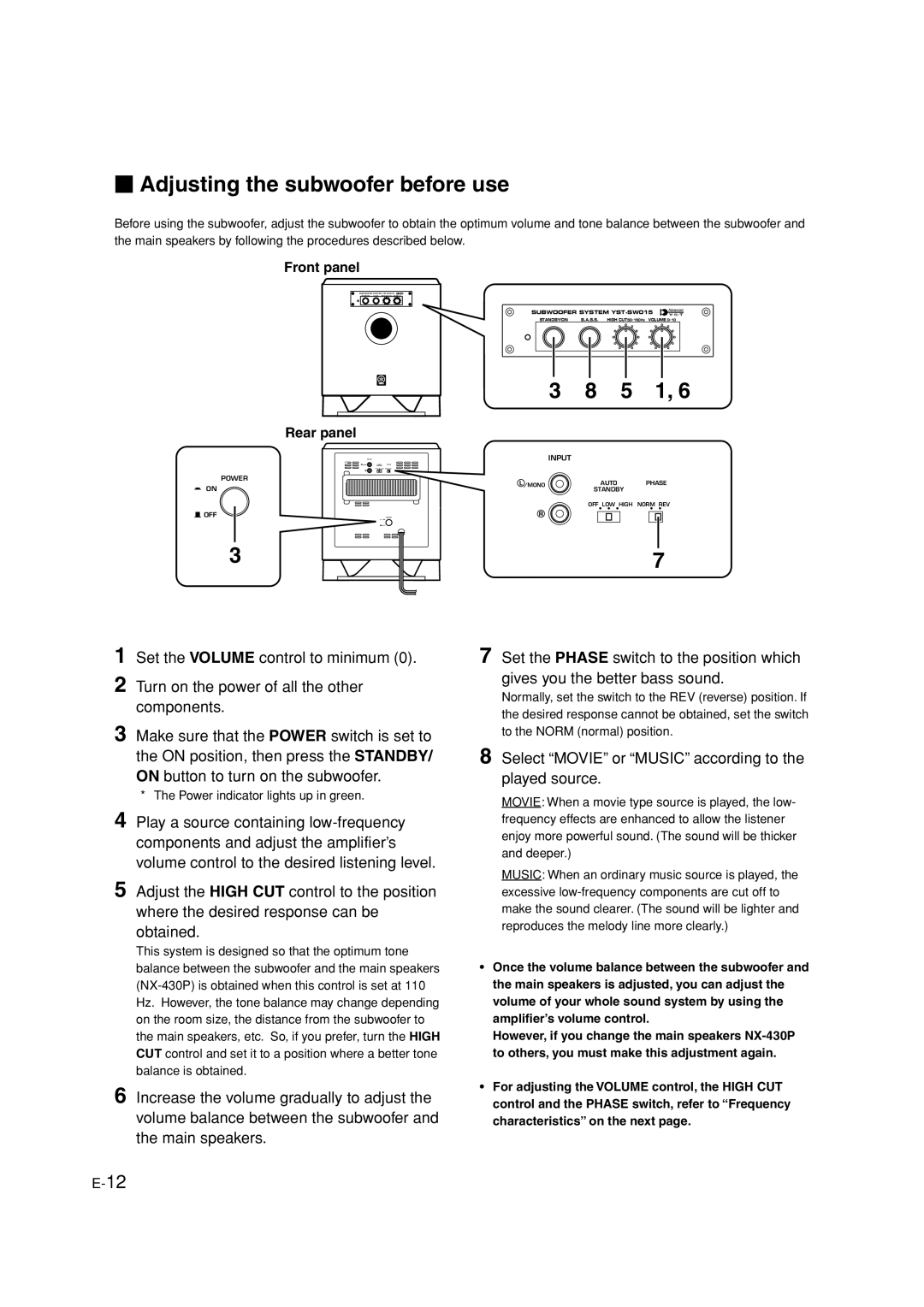 Yamaha HTR-5940 owner manual  Adjusting the subwoofer before use, Front panel Rear panel 