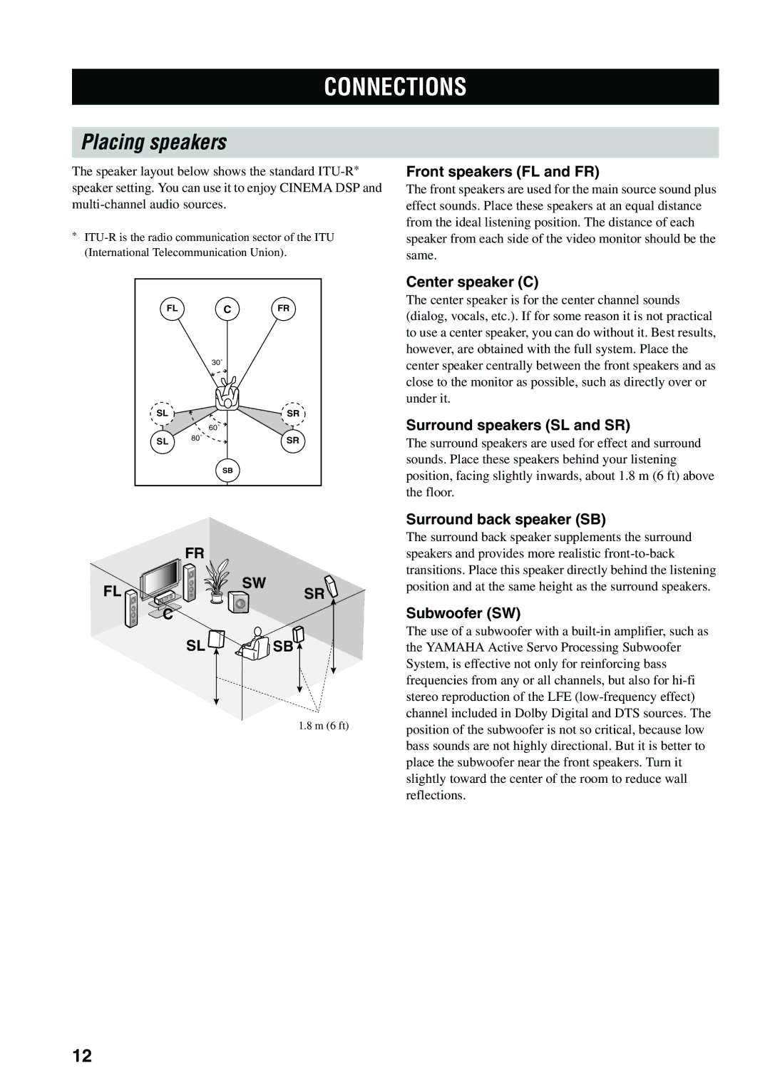 Yamaha HTR-5940 owner manual Connections, Placing speakers 