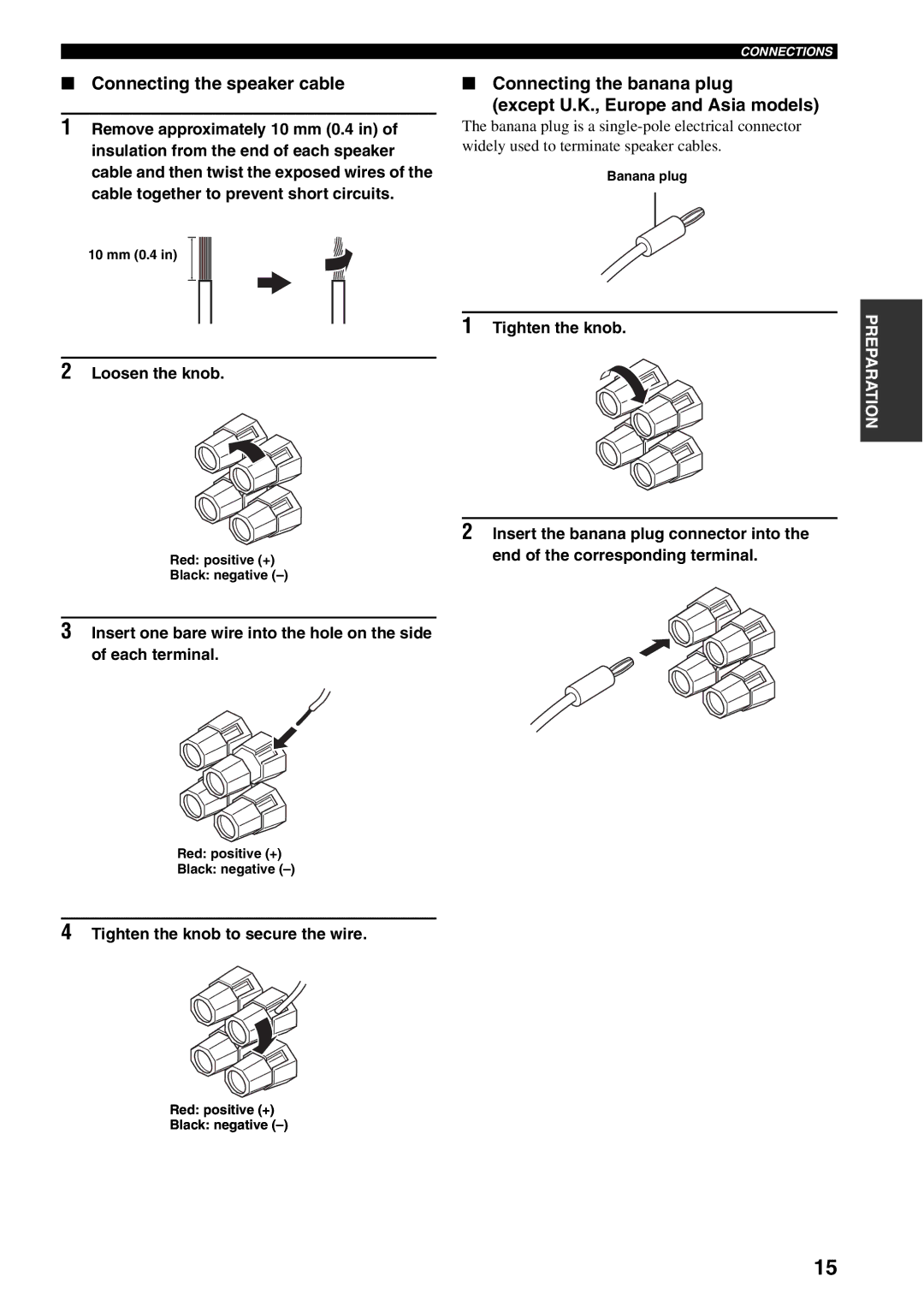 Yamaha HTR-5940 owner manual Connecting the speaker cable, Loosen the knob, Tighten the knob to secure the wire 